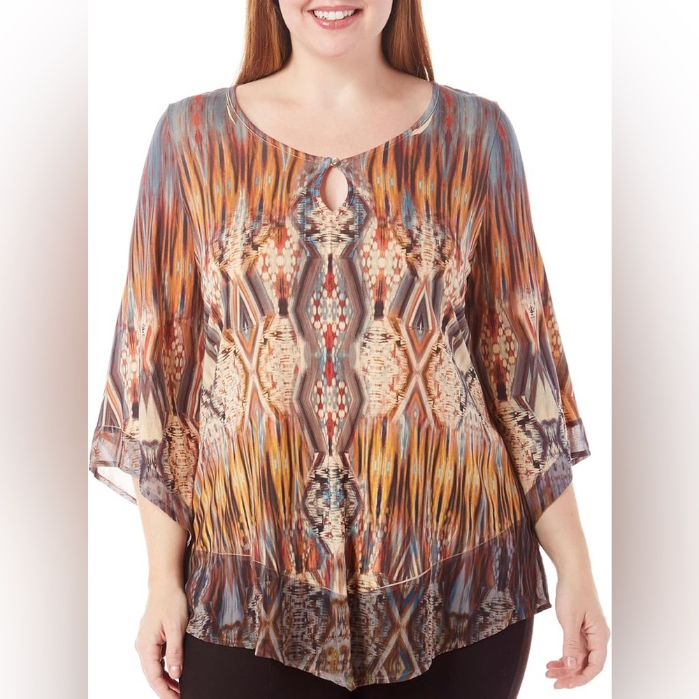 Energe World Wear Multicolor Abstract Boho Pattern Ethnic Tunic Lace Detail sz M
